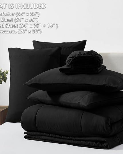 CozyLux Full Size Comforter Sets Black, 7 Pieces Bed in a Bag, Black Comforter Full Size, All Season Bedding Sets with Stitch Quilted Comforter, Flat Sheet, Fitted Sheet, Pillowcases