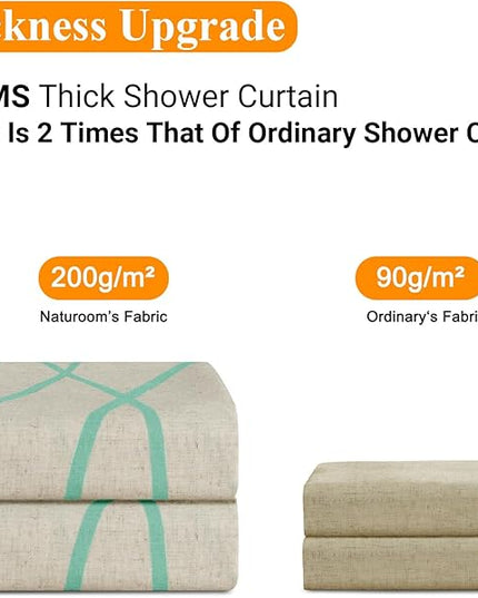 Mint Green Modern Farmhouse Linen Shower Curtain, Country Cottage Bathroom Decor Striped Minimal Boho Textured Linen Shower Curtain Set with Hooks, 72x72