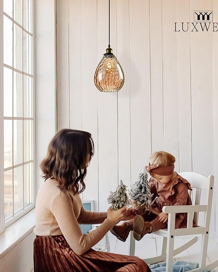 Modern Glass Pendant Light, 8"x9.6" Amber Ribbed Hanging Light Fixture with Gold Cap, 15"-72" Adjustable Cord, E26 Socket for Kitchen or Entryway – Sunrise Glow Teardrop