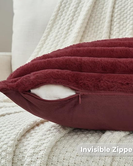 FUTEI Christmas Burgundy Throw Pillow Covers Set of 2, 26x26 Inch Striped Texture Euro Pillow Shams with Soft Faux Rabbit Fur Front & Velvet Back, Modern Decorative Couch Pillows for Living Room
