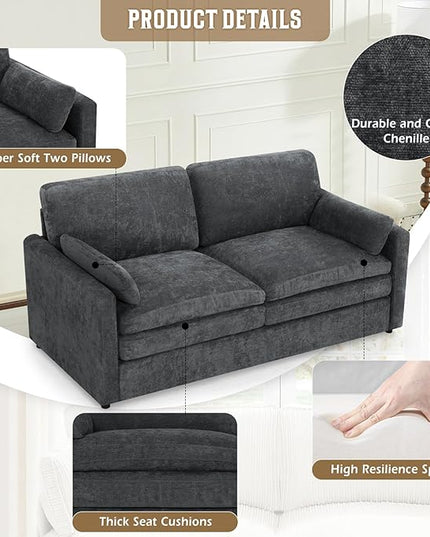69" Chenille Modern Couch with Cozy & Soft Backrests, 2 Seats Sofa with 2 Extra Pillows, Comfy Upholstered Sofa with Thicker Cushions for Living Room, Office, Grey