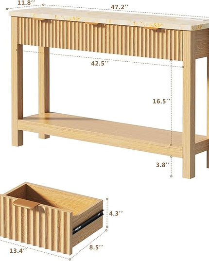 47.2" Fluted Console Table with 3 Drawers, Long Sofa Table with Storage Behind Couch, Modern Entryway Table with Power Outlet & Open Storage for Entrance/Hallway/Foyer/Living Room, Oak