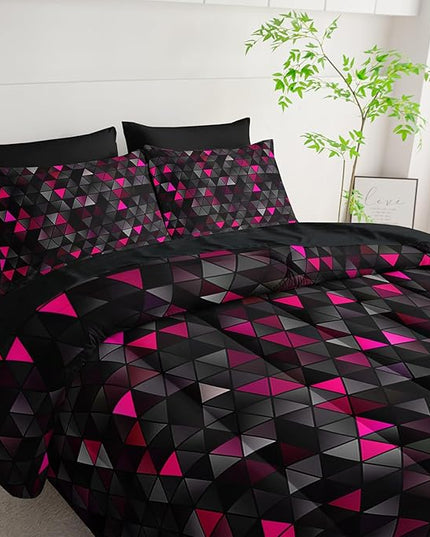 Geometric Pink Black Triangle Full Size Comforter Set,Light Honeycomb Bedding Set 7 Piece in A Bag,Bed Sheet Set Geometry Decor,Microfiber Lightweight All Season