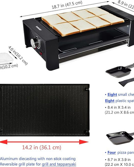 TAMARIT Raclette Party Grill Portable Indoor Electric Korean BBQ Grill 2 in 1 Raclette Table Griddle with Nonstick Coating Plate 4 Pizza Pans 8 Cheese Trays Upper and Lower Heater, PFAS-No