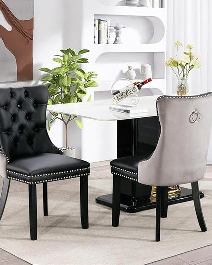 SoarFlash Leather Dining Chairs Set of 2, Tall Back Side Chair, Modern Upholstered Side Chair with Button Back Ring, Solid Wood Legs (Black&Grey)