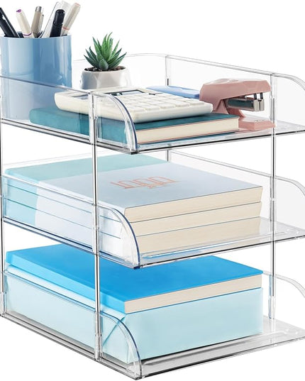 Noger Desk Organizers and Storage, 3 Tier Clear Heightened Stackable Paper Tray Organizer for Document, Letter, A4 File Paper, Desk Accessories, Office Supplies (Clear, 3 Pack)