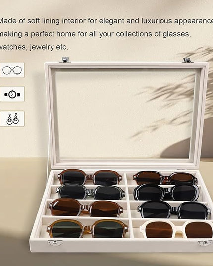 Stratalife Sunglasses Organizer Sunglass Display Tray Jewelry Tray with Lid Sunglasses Storage Case Drawer Watch Box for Men and Women Beige (8 Grids)