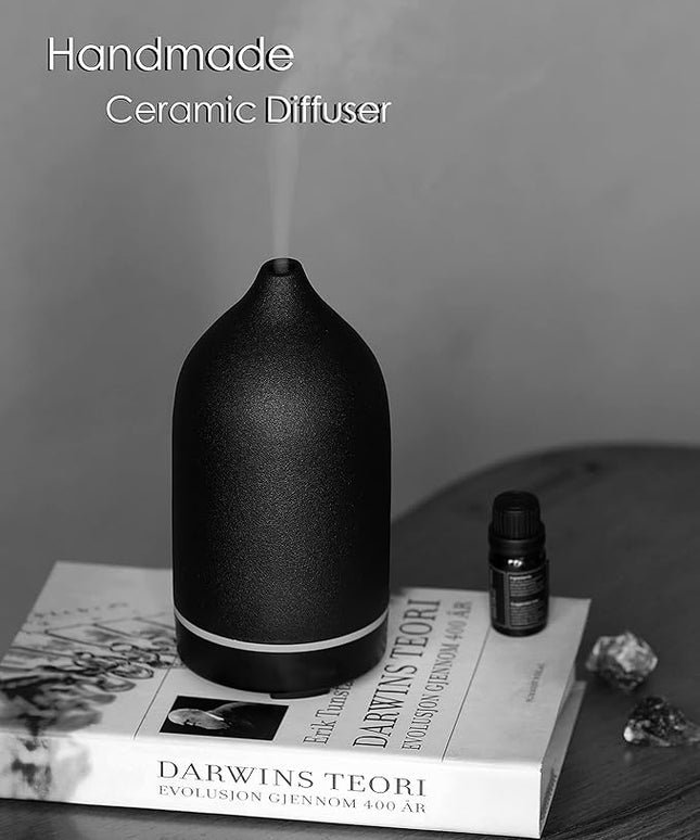 Essential Oil Diffuser,Handcrafted Ceramic Diffuser for Home,Ultrasonic Cool Mist Air Diffuser, 9 Colors Night Light with Timer (Black)