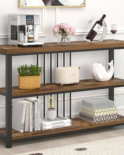 FOLUBAN Industrial Console Table, 3 Tier Entryway Sofa Foyer Table for Living Room Hallway Behind Couch, Rustic Brown