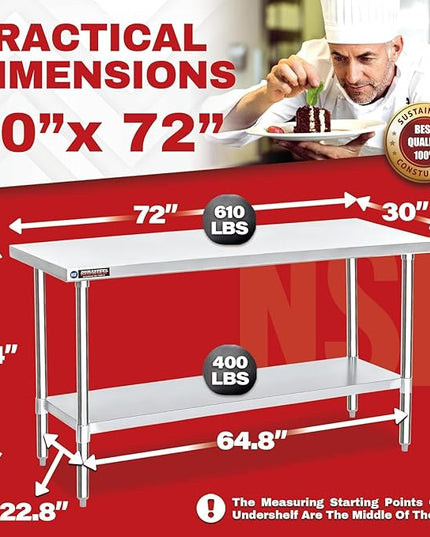 DuraSteel 30x72 Stainless Steel Work Table - NSF Commercial Prep Metal Table - Outdoor Pizza Oven Stand w/Under Shelf - Kitchen Island Laundry Utility Garage Microwave Stand Large Rolling Storage Cart