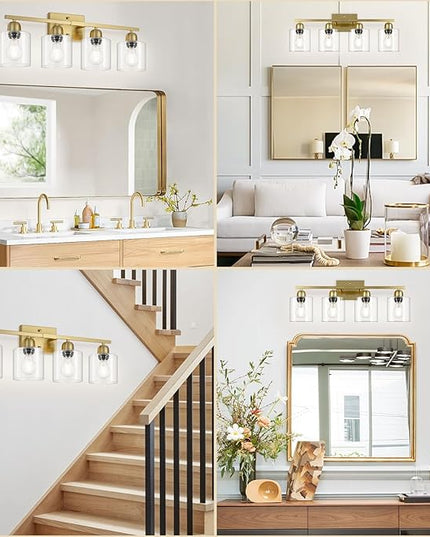 Modern Brushed Gold 4 Light Bathroom Light Fixtures, 24 inch Vanity Lights for Bathroom with Clear Glass, Bathroom Vanity Light for Mirror Kitchen Living Room Hallway Cabinet Porch