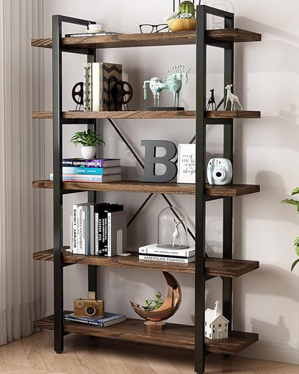 5-Tier Industrial Style Solid Wood Bookcase and Book Shelves,Rustic Wood and Metal Shelving Unit， Living Room,Modern Rustic Open Industrial Book Shelf Office,Distressed Brown (AY-02-5Tier)