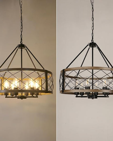 Modern Chandelier for Dining Room, 6-Light Wood Grain Finish Farmhouse Chandelier, 22.5” Rustic Drum Hanging Light Kitchen Island, Round Metal Hanging Light Fixture for Foyer, Entryway, Bedroom