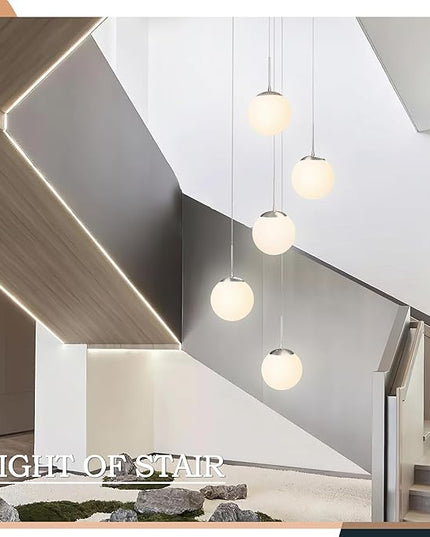KoKo&Yukina 5-Light Globe Glass Pendant Light Adjustable Length Pendant Lights Fixtures Modern Nickel Chandelier with Milky White Glass Ceiling Lights for Foyer Hallway Bedroom (Bulb & Remote Incl.)