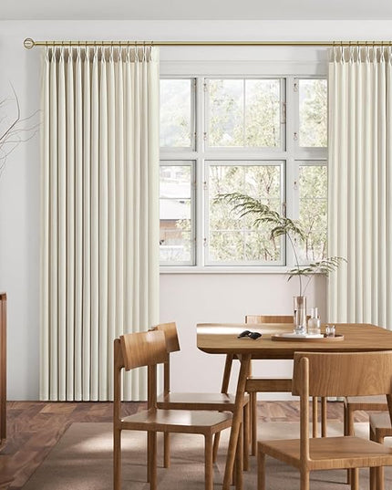 Pinch Pleated Curtains Light Filtering 90 Inch Long Drapes for Bedroom, Linen Pleat Curtain Beige Birch Textured 7-1/2 ft Length with Hooks Rings&Back Tab for Sliding Glass Doors 2 Panels Set