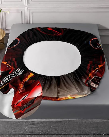 AILONEN Red Racing Car Fitted Sheet Set Twin Size, Boys Extreme Sports Sheet Set for Kids,Cool Speed Automobile Bedding Set,1 Fitted Sheet 2 Pillowcases,3-Piece,Soft Microfibre