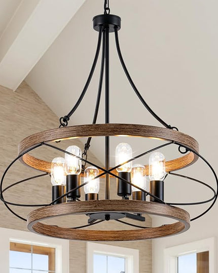 6-Light Farmhouse Chandelier, 23.62" Rustic Drum Dining Room Light Fixture, Vintage Wood Finish Metal Hanging Pendant Lighting, Industrial Candle Chandeliers for Living Room Kitchen Entryway Bedroom