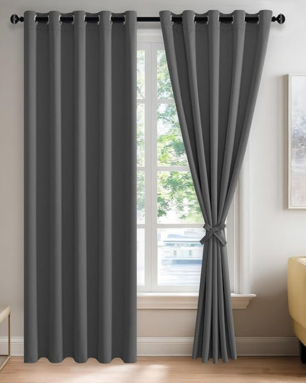 JIUZHEN Dark Grey Blackout Curtains with Tiebacks Thermal Insulated, Light Blocking and Noise Reducing Grommet Curtains for Bedroom and Living Room, Set of 2 Window Curtain Panels, 60 x 84 Inch Length