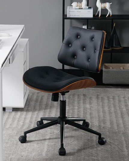 Armless Home Office Chair with Wheels, PU Leather Adjustable Height Computer Desk Chair, 360 Swivel Small No Arms Chair, Modern Button Walnut Style for Office, Reading Meeting Room(Black)
