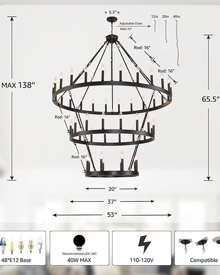 53" W Extra Large Black Wagon Wheel Chandelier, 3 Tier 48-Light Farmhouse Pendant Light Fixture for High Ceilings, Industrial Round Chandeliers for Dining Room Stairs Entryway Foyer, E12