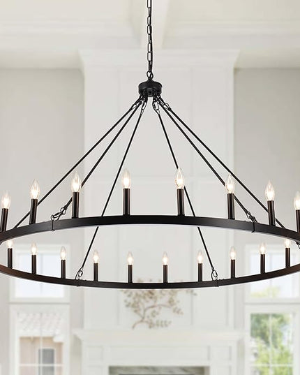 24-Light Black Wagon Wheel Chandelier for Living Room 52 Inch Farmhouse Chandeliers Large Round High Ceilings Light Fixtures for Entryway Dining Room Foyer Kitchen Island