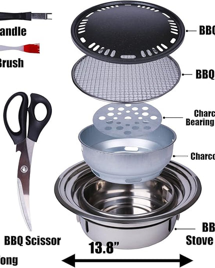 Portable Korean Style Stainless-Steel Barbecue Grill, Charcoal BBQ Round Grill Stove for Outdoor Camping, Picnicking & Parties 1~4 People, 13.8" DIA