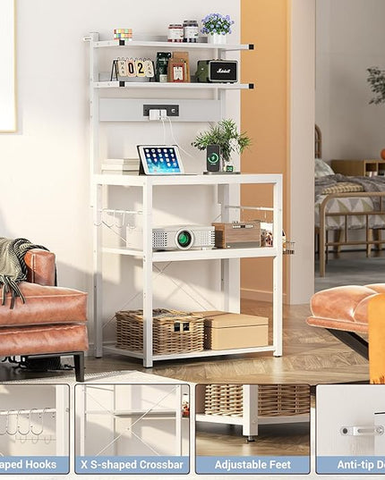 Aheaplus Bakers Rack with Power Outlet, Microwave Stand, 5 Tiers Coffee Bar Station with Led Lights, Kitchen Storage Shelf with 6 S-Shaped Hooks, Kitchen Rack for Spices, Pots and Pans, White