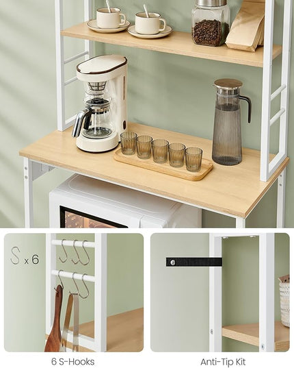 VASAGLE Bakers Rack with Power Outlet, 31.5 Inches Coffee Bar for Kitchen with Storage, 6-Tier Kitchen Shelves with 6 Hooks, Microwave Stand, Modern, Golden Oak and Cloud White UKKS119Y01
