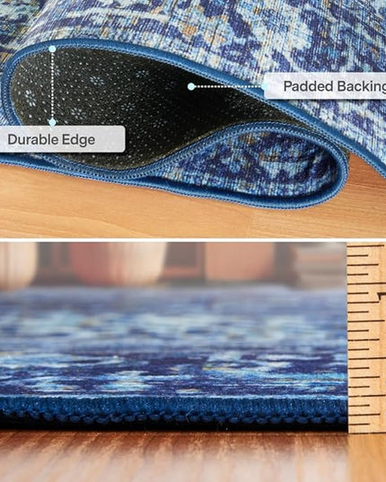 ReaLife Rugs Machine Washable Area Rug Runner - Living Room Bedroom Bathroom Kitchen Entryway Office - Padded Low Pile Stain Resistant Premium - Boho Vintage Traditional - Lyle - Blue 2'6" x 6'