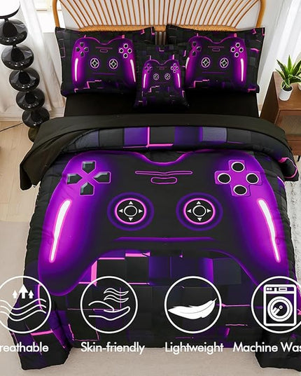 PERFEMET 6 Pieces Gamer Comforter Sets Twin Size Purple Game Console Boys Bed in A Bag 3D Cool Black Gaming Bedding Set for Kids Teen Lightweight Gamepad Bedroom Set(Purple, Twin)