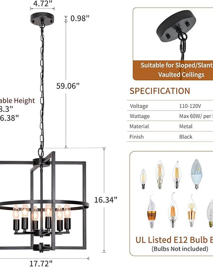 6-Light Black Chandelier, 17.72“ Geometric Dining Room Light Fixture, Large Modern Chandelier, Hanging Industrial Metal Chandelier for Foyer Entryway Kitchen Hallway Living Room