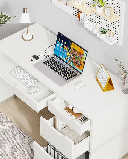 52 Inch White Desk with 4 Drawers, Computer Desk with Storage for Small Spaces with Storage File Cabinet, Small Home Office Desk with Drawers for Bedroom