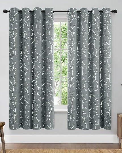 BUHUA Blackout Curtains Silver Foil Print Tree Branches Grommet Drapes, Room Darkening Thermal Insulated Curtains, Noise Reducing Blackout Curtain for Bedroom, Light Grey, 52Wx63L, 2 Panels