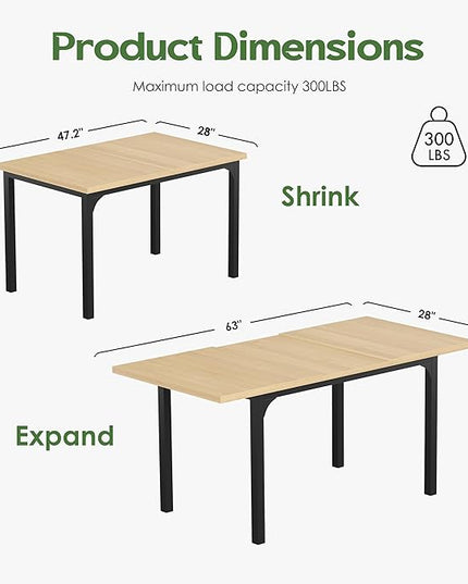 Extendable Dining Table, Modern Wooden Rectangle Kitchen Table for 4-8 People with Strong Metal Legs, Space Saving Expandable Dining Room Tables for Restaurant, Conference, Natural