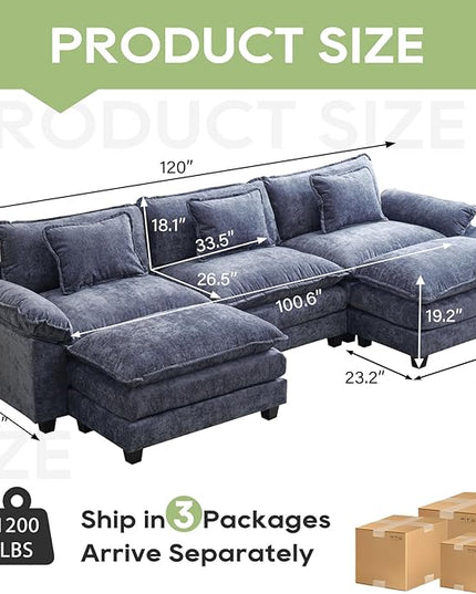 120" Modular Sectional Sofa, Comfy Cloud Couch Sectional Sofa with Ottoman, Chenille Sofa Sleeper Deep Seat Sofa with Throw Pillows for Living Room (Blue, 120"- U Shape)