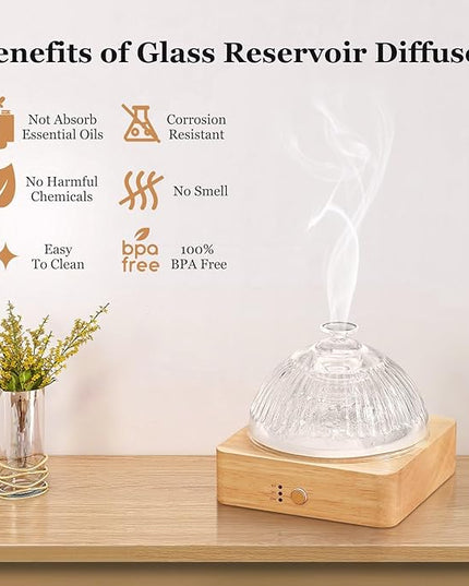 Glass Essential Oil Diffuser with Glass Reservoir & WoodBase, 200ml Ultrasonic Lock Color Timer Auto-Off 7 Color Light Aroma Glass Dome Diffuser for Home Office Bedroom Yoga