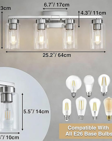 4-Light Bathroom Light Fixtures, Nickel Modern Vanity Lights Over Mirror, Bathroom Wall Sconces with Clear Glass Shade for Living Room Bedroom Hallway Cabinet Porch