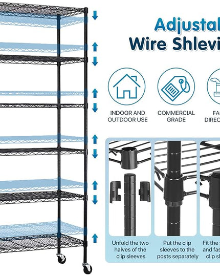 Dkeli 6-Tier Heavy Duty Metal Shelving Unit with Wheels | 48''D x 18''W x 82''H NSF Certified Adjustable Storage Rack | Commercial Grade Steel Wire Shelves for Garage, Pantry, Kitchen - Black