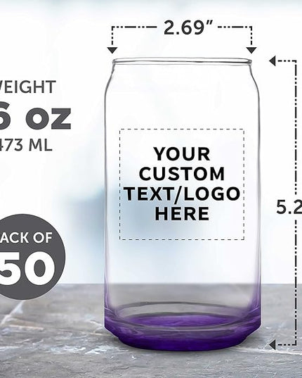 Custom Beer Can Glasses Set of 50, 16 oz. Pint Sized, Promotional Text, Logo, Soda Can Shape, Glassware, Purple