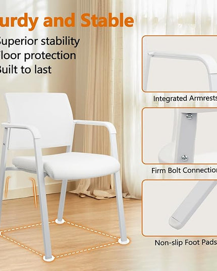CLATINA Stacking Office Chairs | Mesh Back, Thicken Leather Seat and Streamline Arms, Ergonomic Lumber Support | Guest Reception, Waiting, Conference, School, Party, Customer, Side, Stationary, White