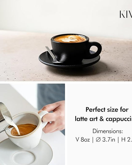 KIVY Cappuccino cups set of 4 [8oz] - Thick-walled stoneware cappuccino cup set for latte art - Latte mugs - Latte cups - Latte mug - Coffee cup black - Ceramic latte cup and saucer