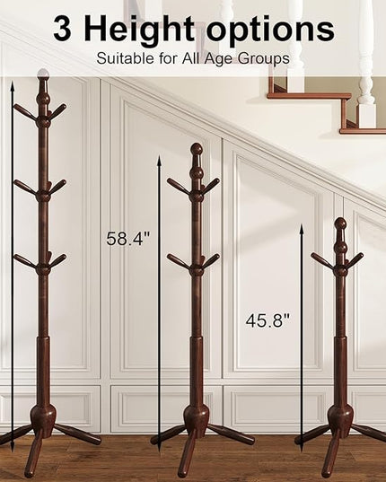 Solid Coat Rack Stand, Coat Rack Freestanding with 9 Hooks and Adjustable 3 Heights, Tree Coat Stand with Triangle Base for Entryway, Bedroom, Hallway, Wood Grain