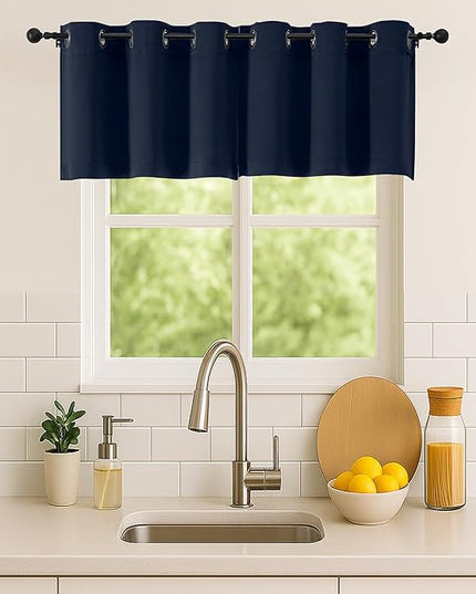 Simplebrand Navy Blue Kitchen Valances for Windows 18 Inches Long 2 Pack, Room Darkening Window Valances for Living Room, Grommet Short Straight Drape Kitchen Curtains for Bedroom Kids Room, 40Wx18L