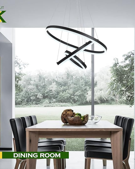 3-Rings D23.6 Modern LED Chandelier Black Dimmable Pendant Lighting with Remote Control Circular Flush Mount High Ceiling Light for Dining Room Living Room Bedroom Entrance Foyer, 3000K-6500K