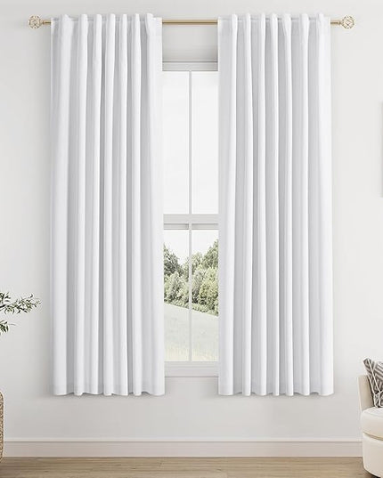 Guken White Linen Blackout Curtains 52 Inch Wide by 68 Inch for Living Room Bedroom Back Tab Thermal Insulated 100% Black Out Linen 2 Drapes Room Darkening Window Curtains Pure White
