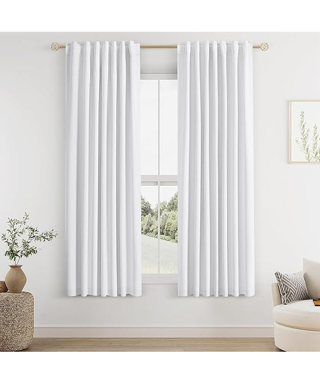 Guken White Linen Blackout Curtains 52 Inch Wide by 68 Inch for Living Room Bedroom Back Tab Thermal Insulated 100% Black Out Linen 2 Drapes Room Darkening Window Curtains Pure White
