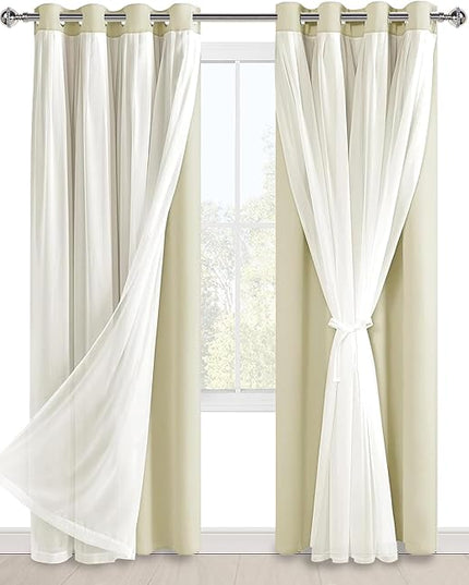 Hiasan Mix & Match Blackout Curtains with Sheer Overlay, Thermal Insulated Privacy Double Layer Room Darkening Window Curtains for Bedroom, Living Room, 2 Panels with Tiebacks, Light Beige, 52W X 84L