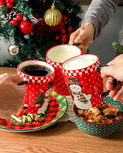 HASENSE Coffee Mugs, 15 OZ Coffee Cups Ceramic Set of 4 with Handle and Snowman Patterns for Man Woman, Colorful Christmas Porcelain Coffee Cups Set for Tea, Cocoa, Milk, Latte and Cappuccino