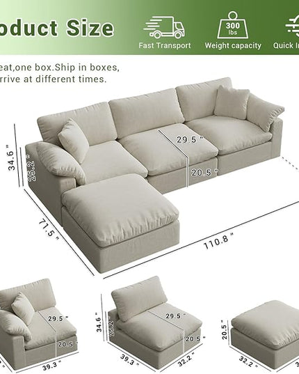 Oversize Cloud Modular Sectional Sofa,110.8" L Shape 3 Seaters with Chaise Down Filled Comfort Sofa Detachable Couch Cushion Covers for Living Room