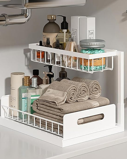 REALINN Under Sink Organizer, Pull Out Cabinet Organizer 2 Tier Slide Out Sink Shelf Cabinet Storage Shelves, Under Sink Storage for Kitchen Bathroom Cabinet, White, 1 Pack
